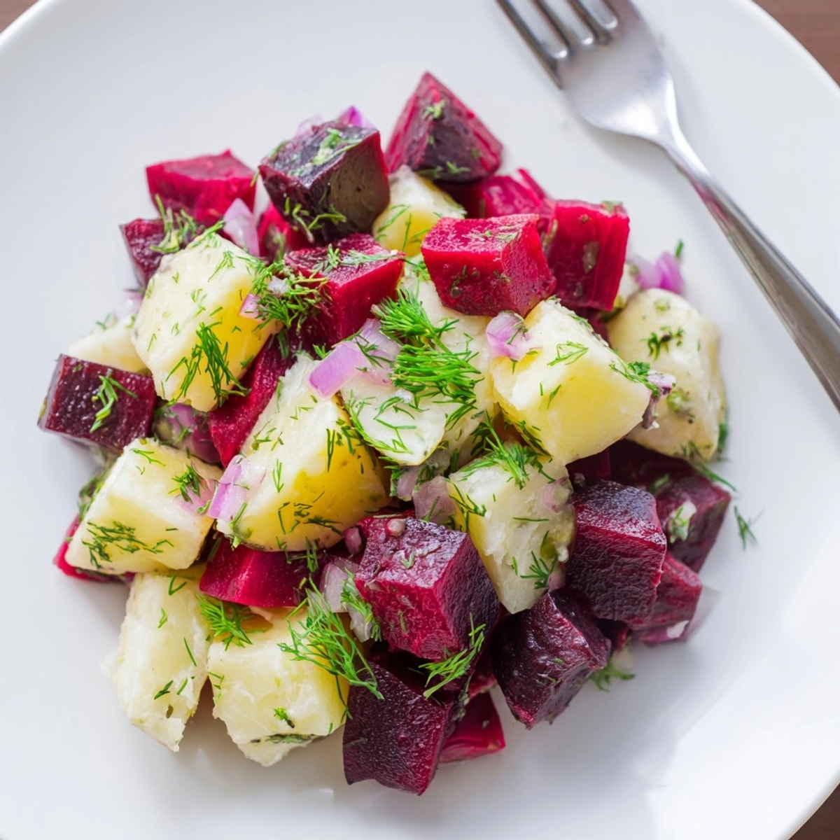 Kartoffel- und Rote-Bete-Salat mit Dill: Erdige Süße, frische Kräuter, leicht säuerliches Dressing.
