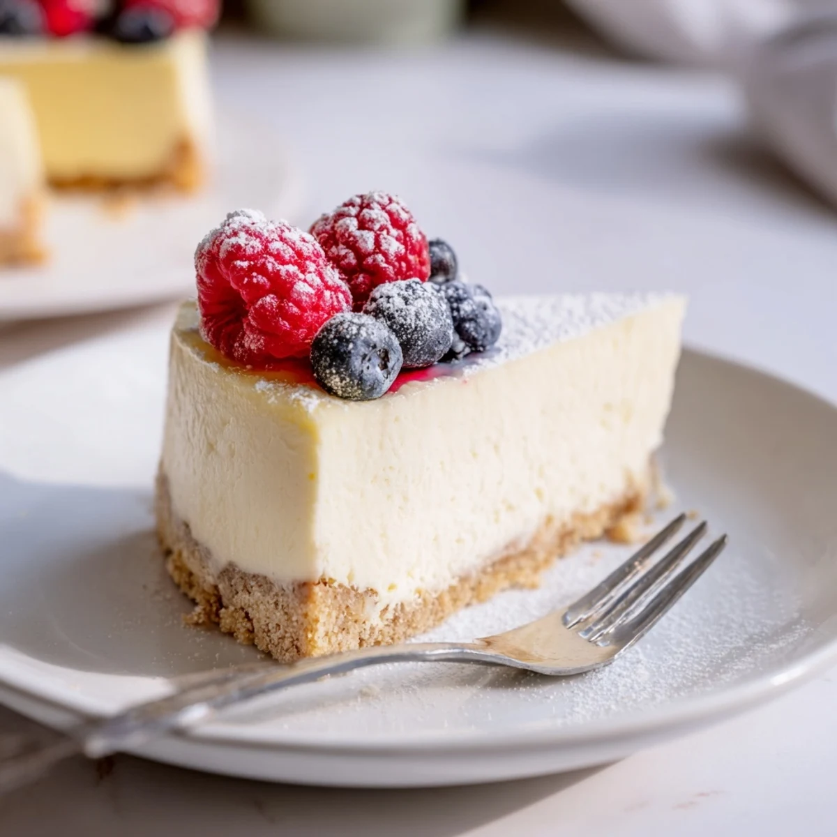 Zarter Quark-Käsekuchen, perfekt garniert mit frischen Beeren und Puderzucker.