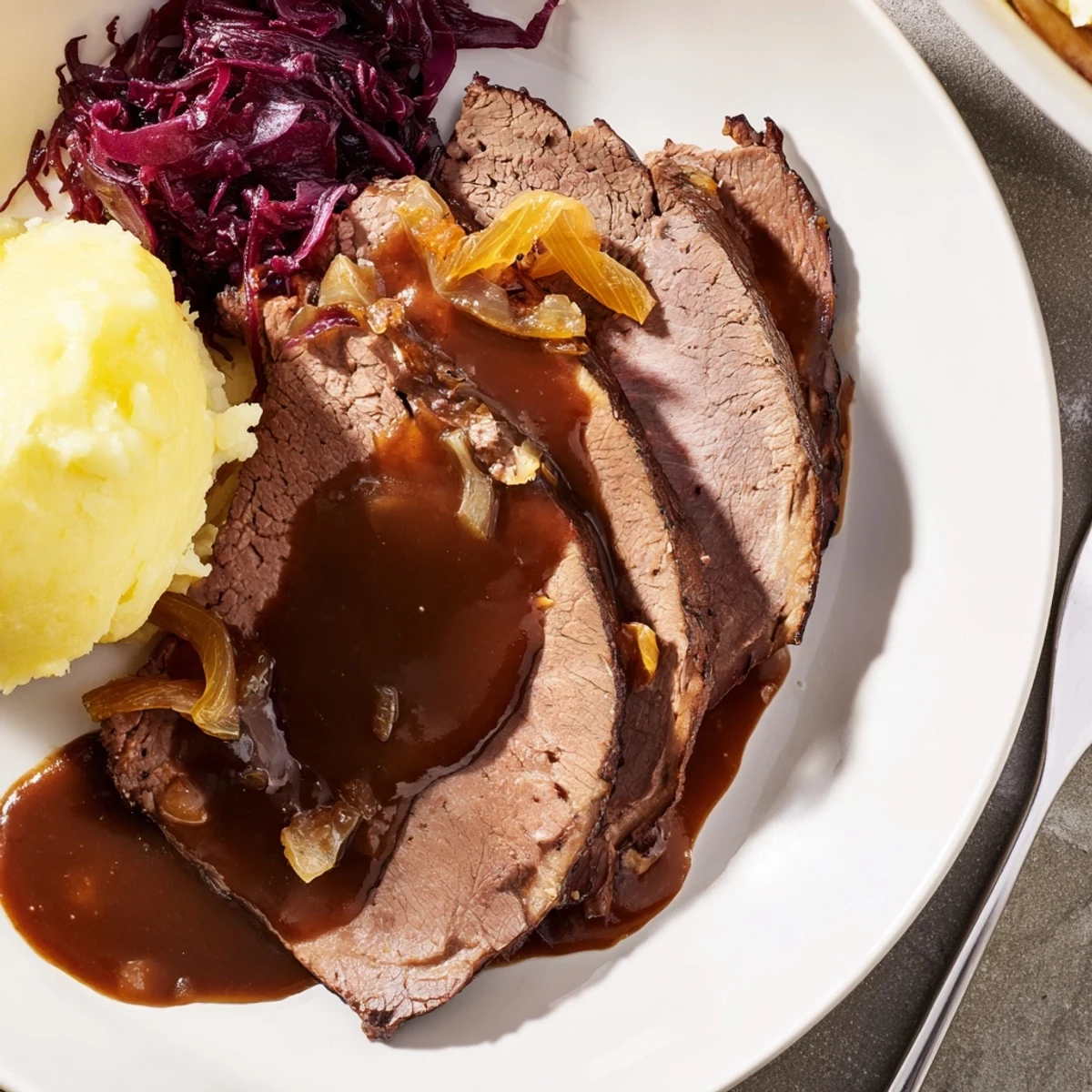 Saftiger Sauerbraten, langsam gekocht, garniert mit dicker Sauce und Gemüse.