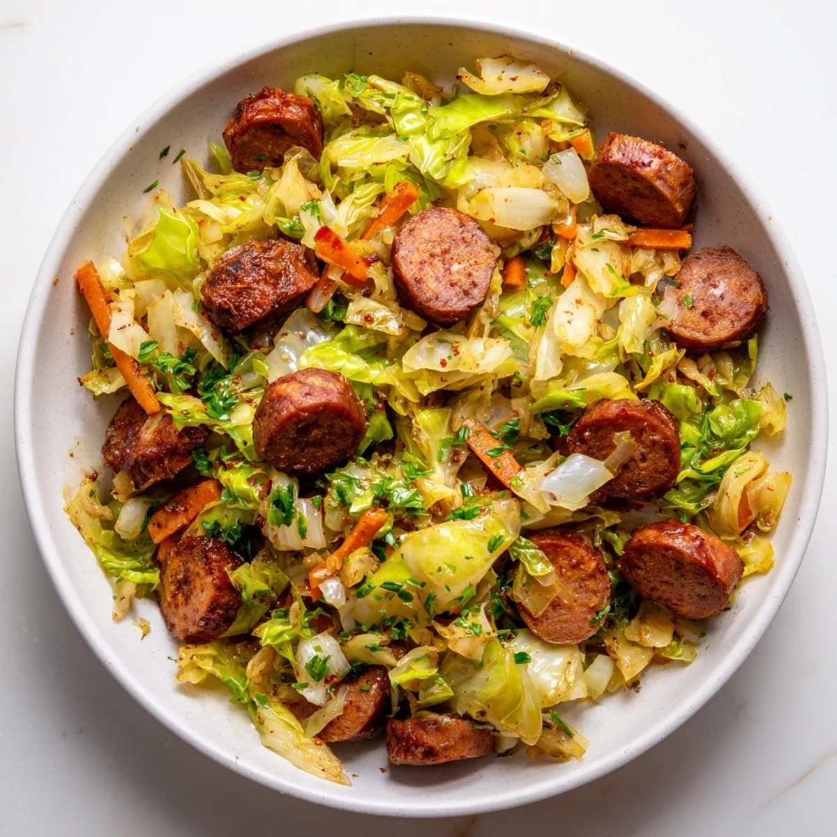 Ein köstliches Cabbage and Sausage Skillet, serviert mit frischer Petersilie für zusätzlichen Geschmack.  