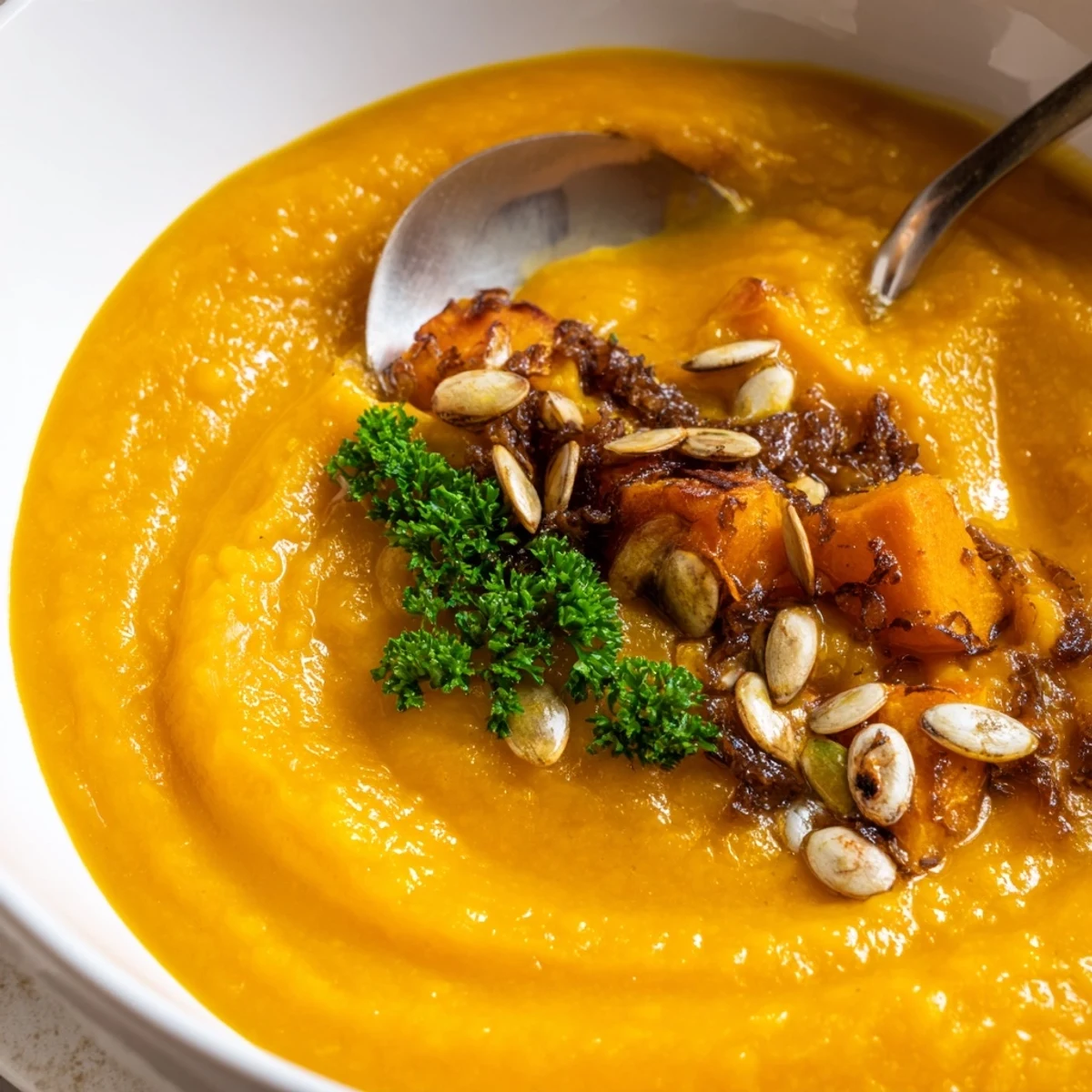 Aromatische Kürbissuppe, perfekt für den Herbst, mit goldenen Kürbisstücken und Sahne.  