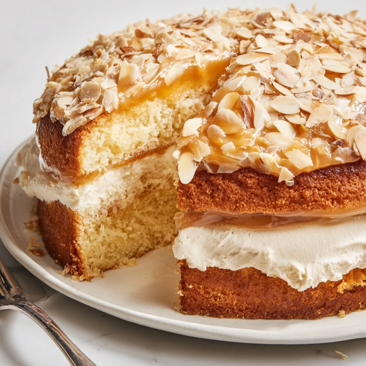 Leckerer Bienenstich-Kuchen mit goldbraunem Mandeltopping und vanilliger Sahnefüllung  