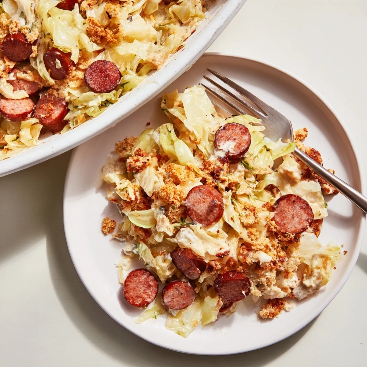 Bäckerische Kohl-Wurst-Auflauf, perfekt zum Servieren mit grünem Salat oder Brot.