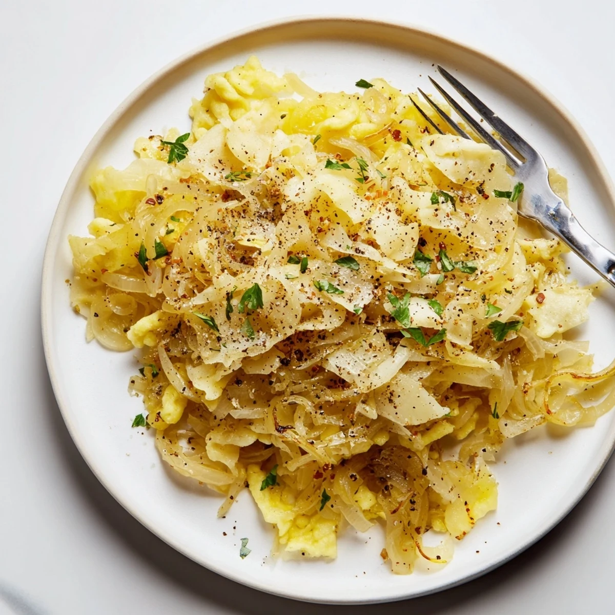 Helles Spaetzle-Gericht, umhüllt von süßen, goldenen karamellisierten Zwiebeln und Butter.  