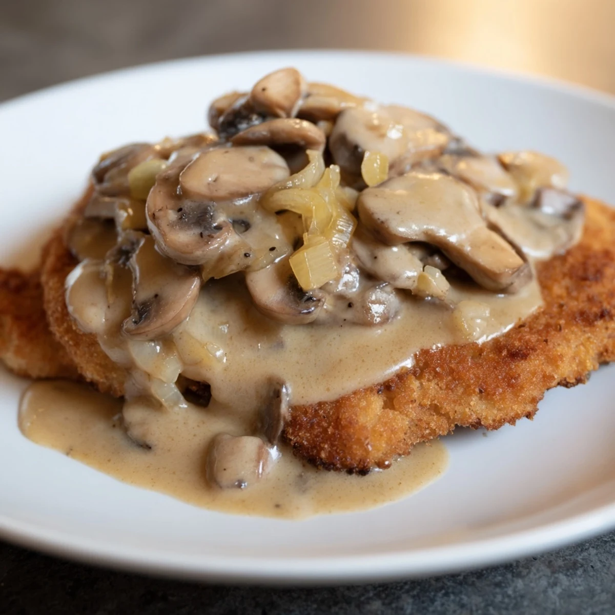 Golden, crispy Jaeger Schnitzel with savory mushroom gravy, ready to serve on a plate.