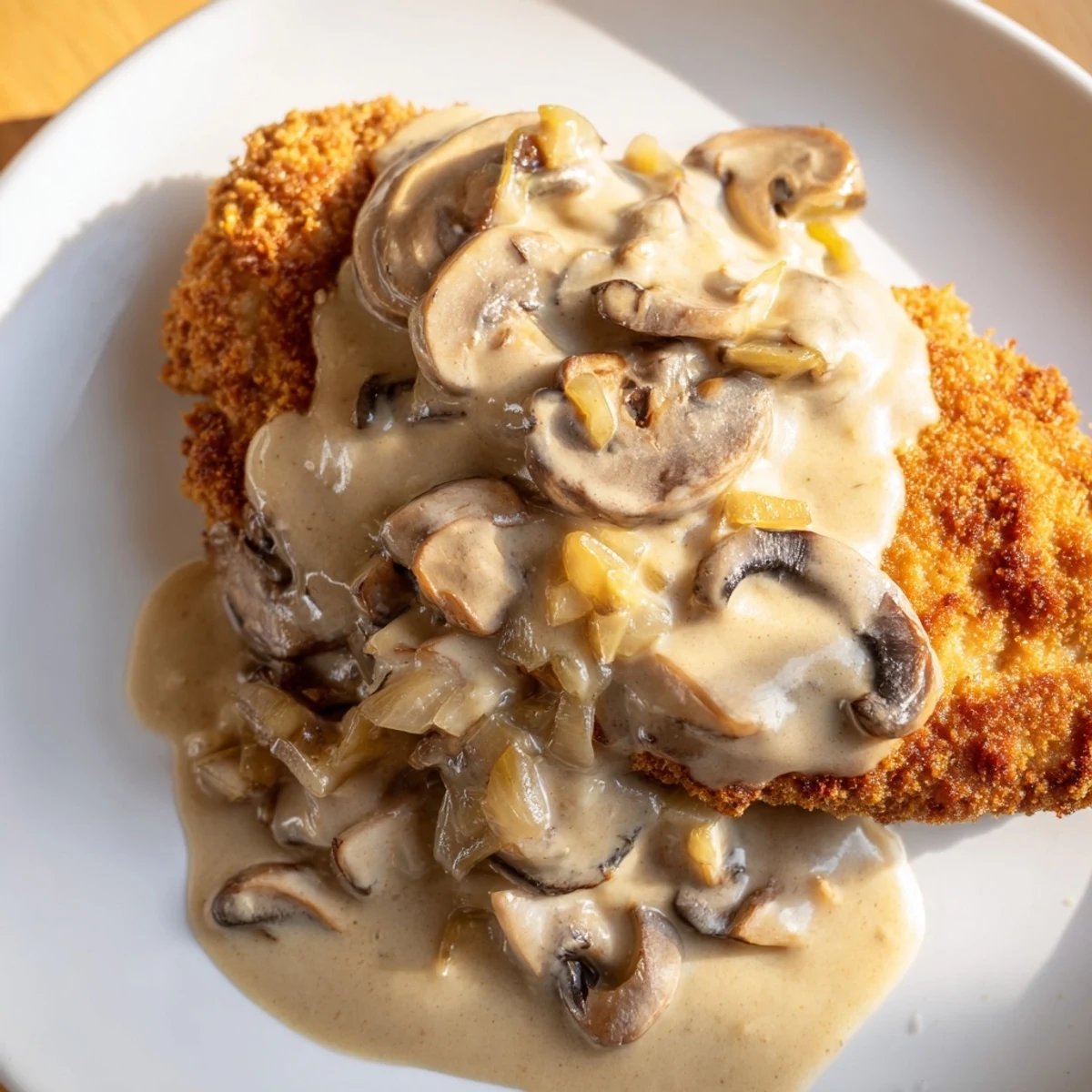 A close-up of a tender, breaded Jaeger Schnitzel smothered in creamy, rich mushroom gravy.