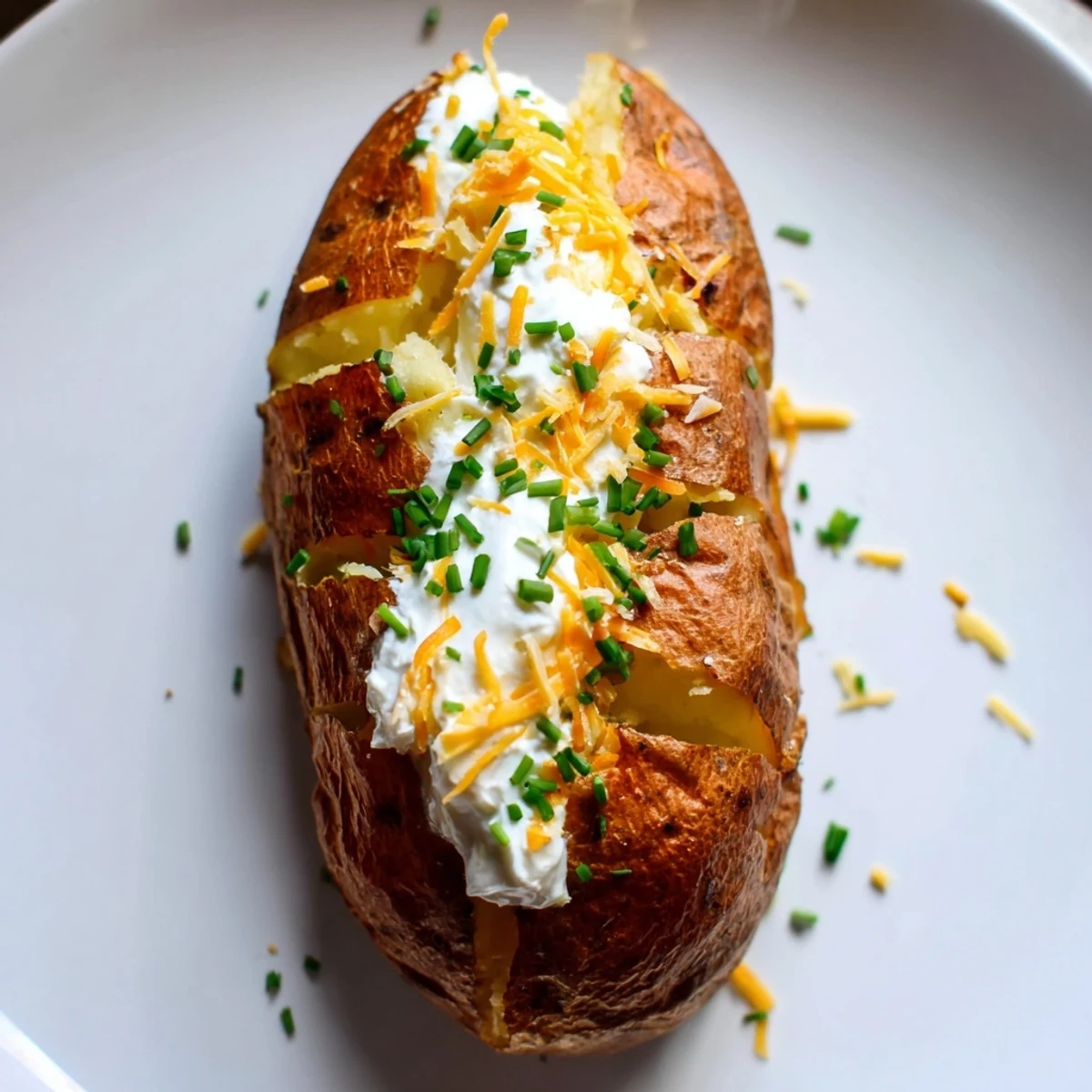 Golden-brown The Ultimate Baked Potato, ready to be topped with melting butter and chives.