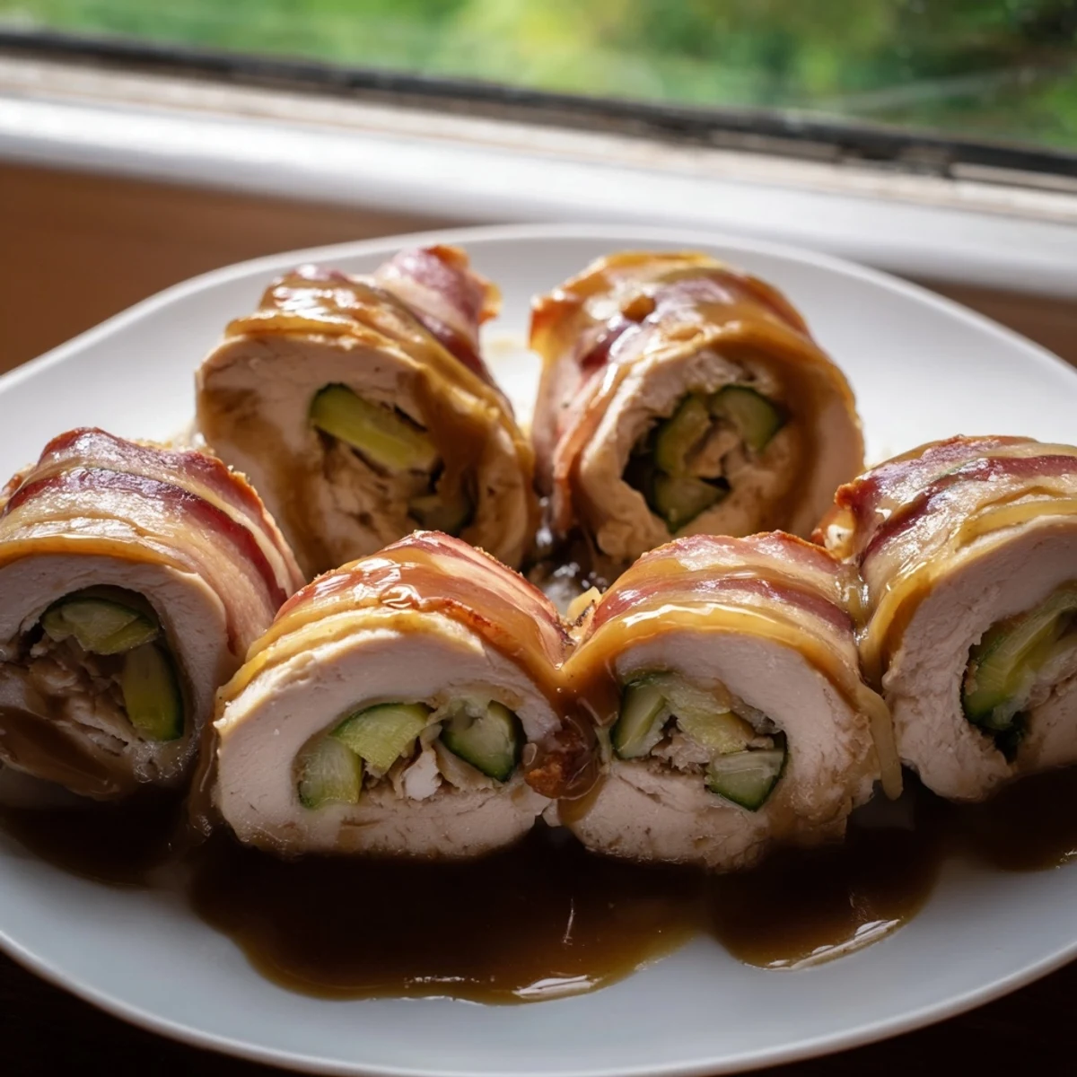 Tender chicken rouladen rolls, stuffed with bacon and pickles, ready to serve with sauce.