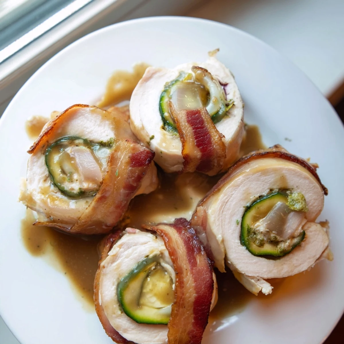 Savory chicken rouladen rolls, browned and simmering in a rich, flavorful gravy for dinner.