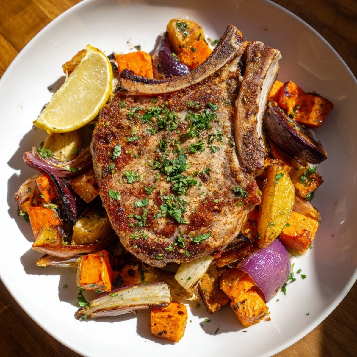 Golden, juicy Sheet Pan Pork Chop & Roasted Root Veggies, ready to serve with lemon wedges and fresh parsley.