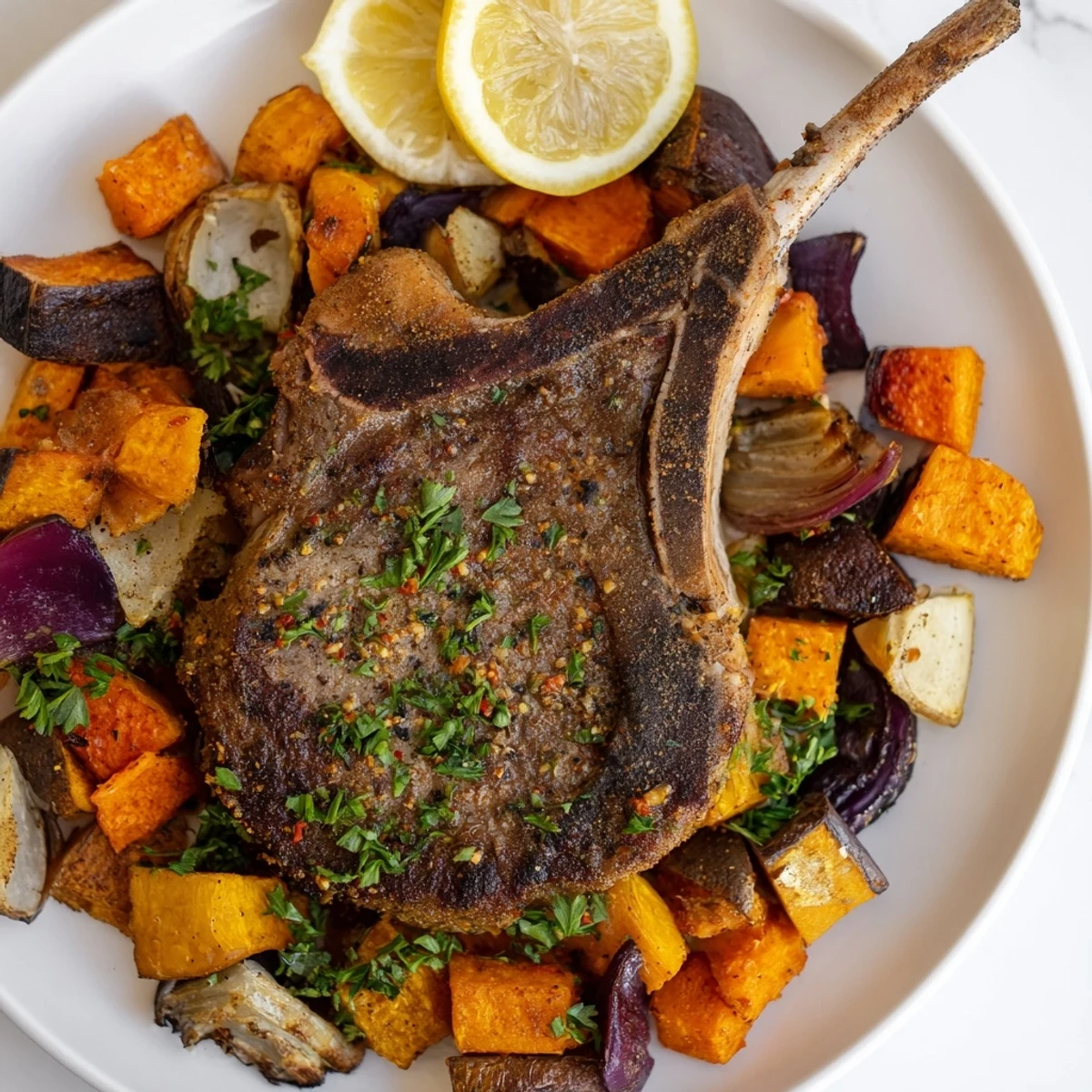 A close-up of beautifully caramelized Sheet Pan Pork Chops with colorful, tender roasted root vegetables.