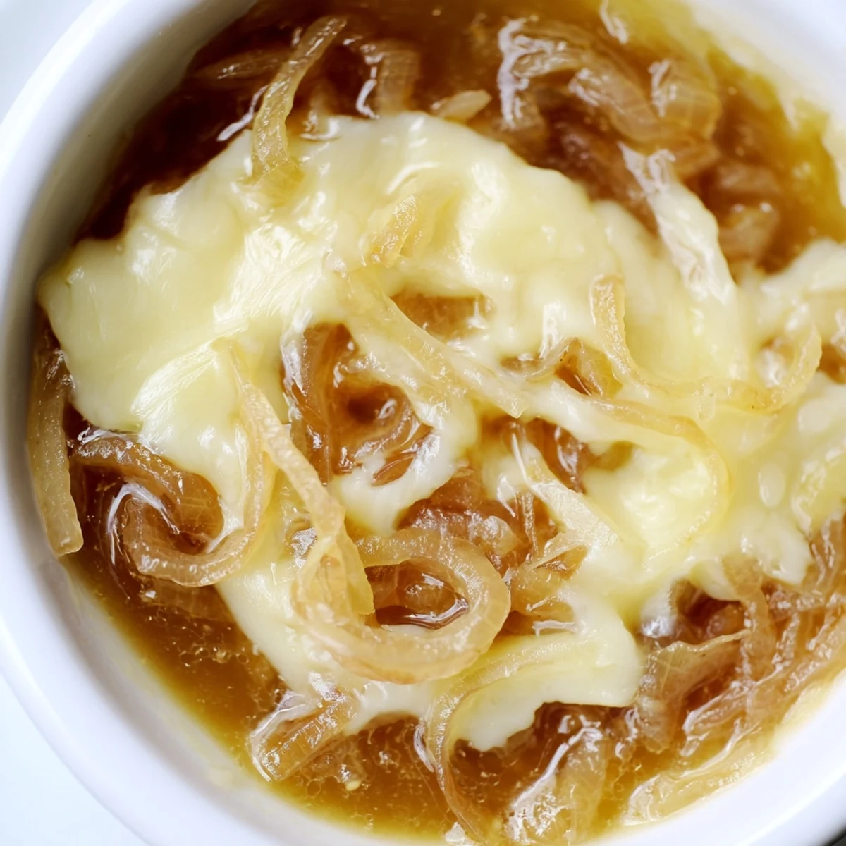 Creamy German Cheese and Onion Beer Soup, topped with melted cheese, ready to be served hot.