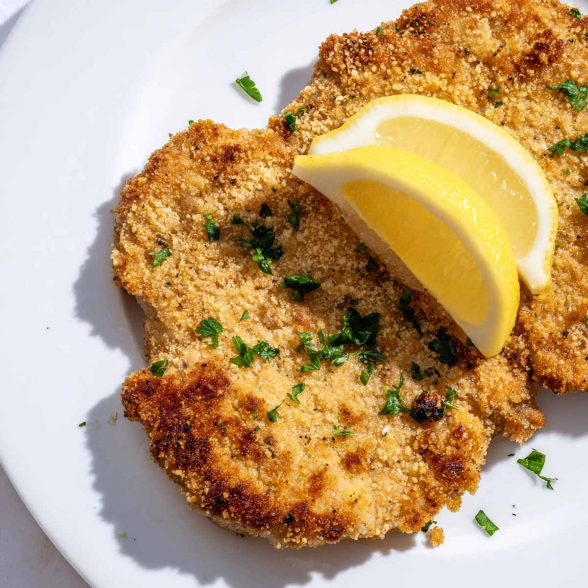 Golden brown air fryer Wiener Schnitzel, served with lemon wedges, looks perfectly crispy and delicious.
