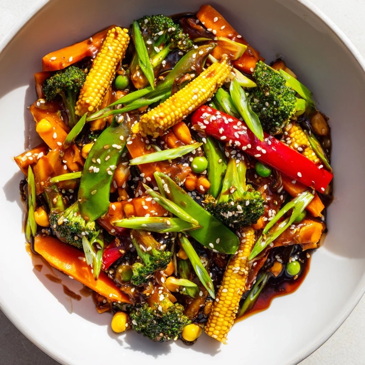 A steaming skillet displaying the colorful, healthy Colorful Vegetable Stir-Fry made with frozen vegetables.