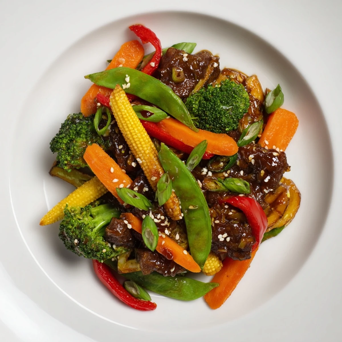 Freshly garnished, a delicious bowl of Colorful Vegetable Stir-Fry, a vegan and budget-friendly dinner.