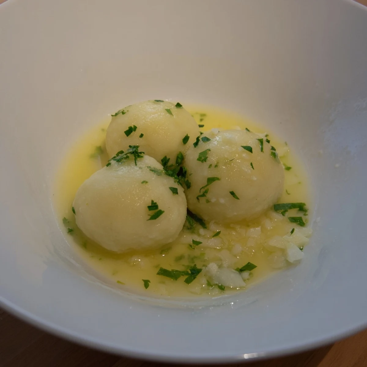 Fluffy Kartoffelklöße swimming in savory sauce, alongside colorful steamed vegetables, ready to eat.