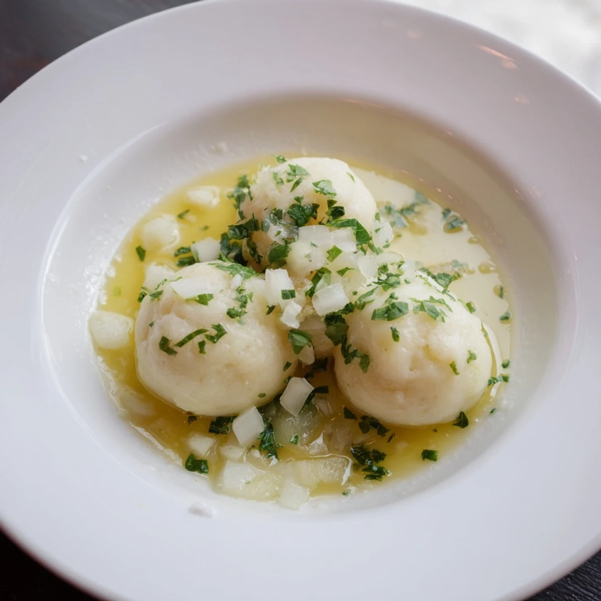 A close-up shot of hot, delicious Kartoffelklöße, perfectly plated with a creamy sauce and fresh garden vegetables.