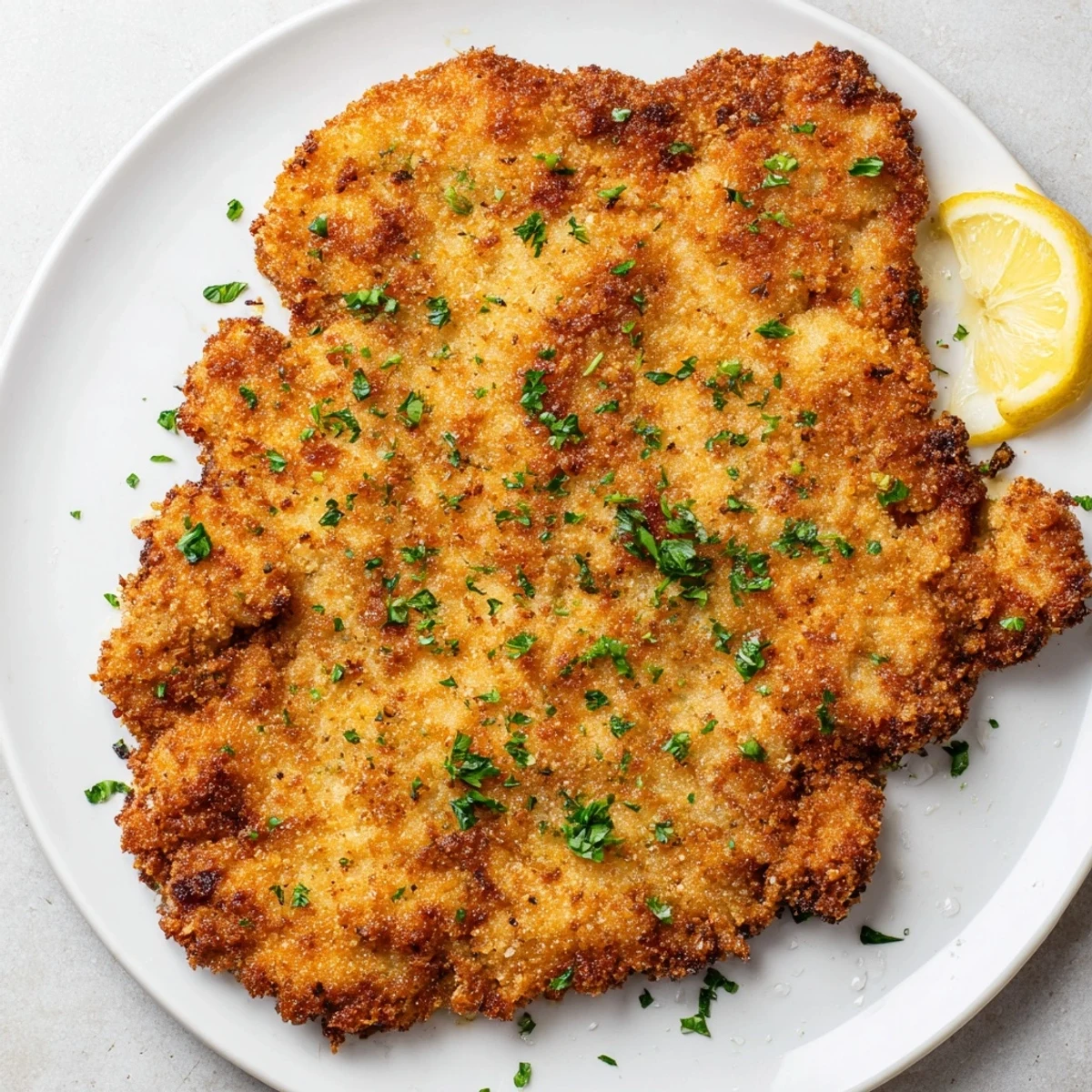 Golden-brown, crispy schnitzel-style cutlets, ready to eat alongside fresh lemon wedges.