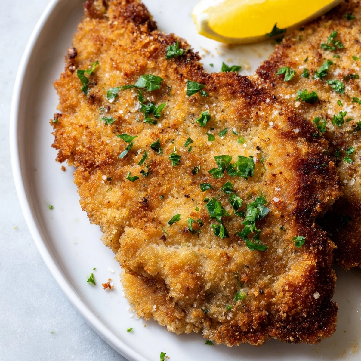 Fried schnitzel-style cutlets glistening with oil, a classic German main course ready to serve.