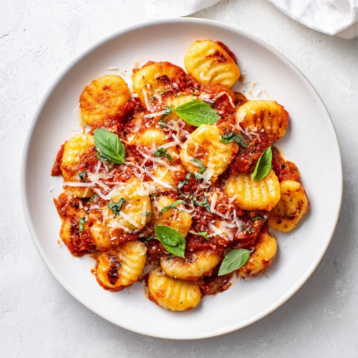 A close-up of oven-baked potato gnocchi with tomatoes, mozzarella, and Parmesan, bubbling hot.