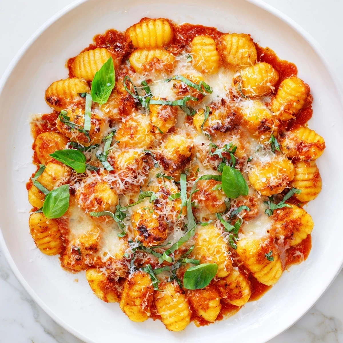 Rustic, delicious oven-baked potato gnocchi dish, showcasing the pillowy texture and savory sauce.