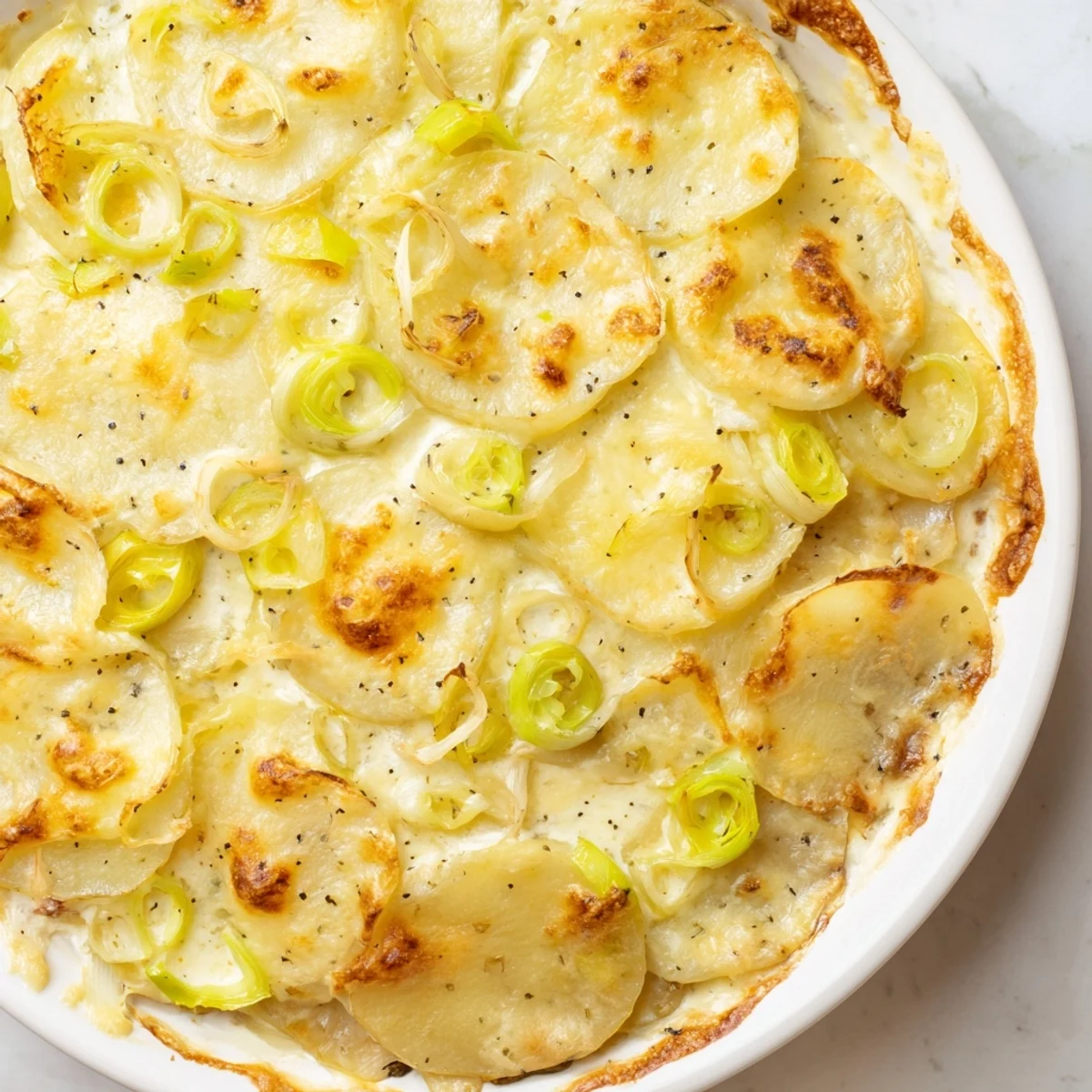 A warm, golden Potato and Leek Oven Gratin, showcasing tender potatoes and flavorful leeks.