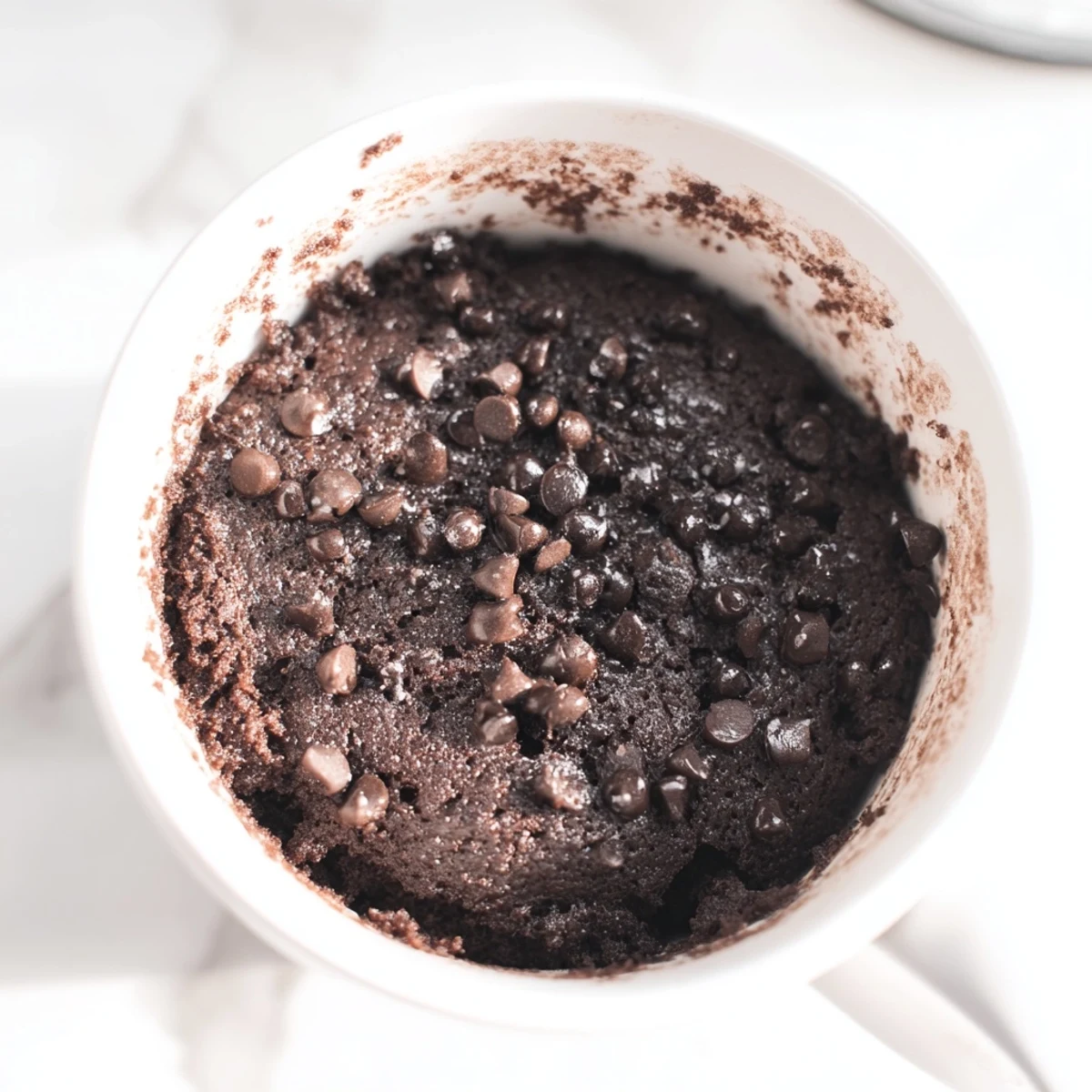 Fluffy mug cake Schokolade, ready in minutes, topped with chocolate chips for dessert.
