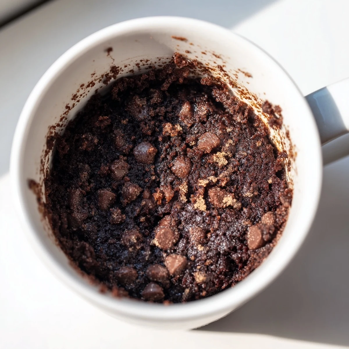 A steaming, single-serving mug cake Schokolade with a glistening chocolatey surface.