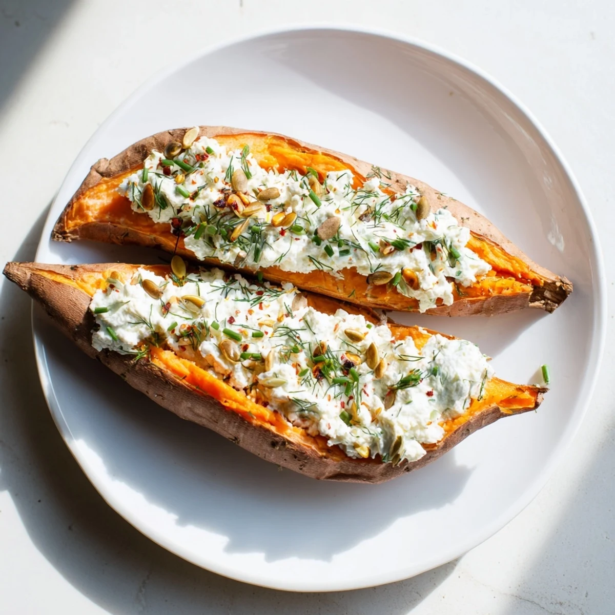 Close-up of a warm Oven-Baked Sweet Potato, topped with cottage cheese and herbs, perfect flavorful lunch.