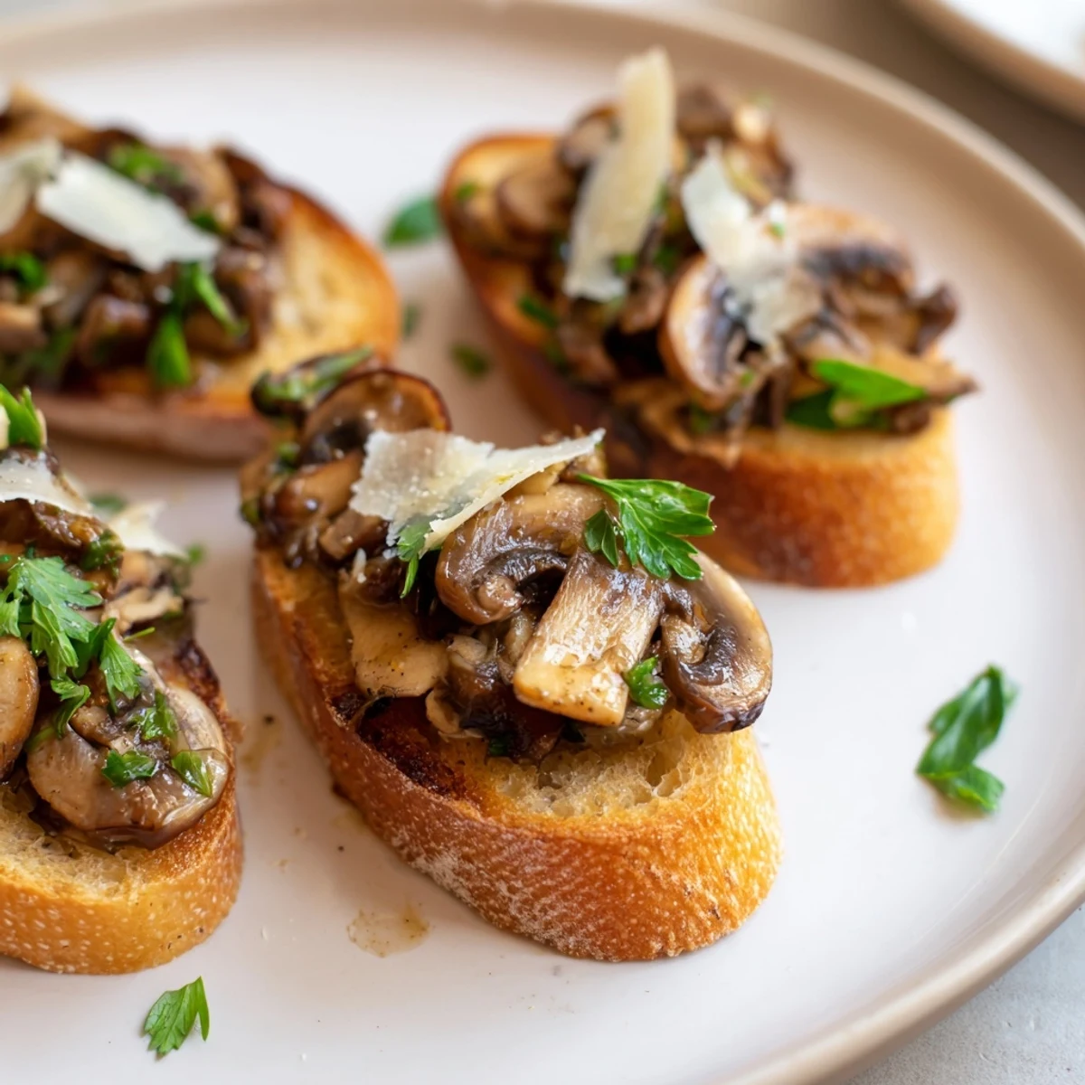 A close-up of delicious bruschetta featuring toasted bread topped with a garlic mushroom mixture.