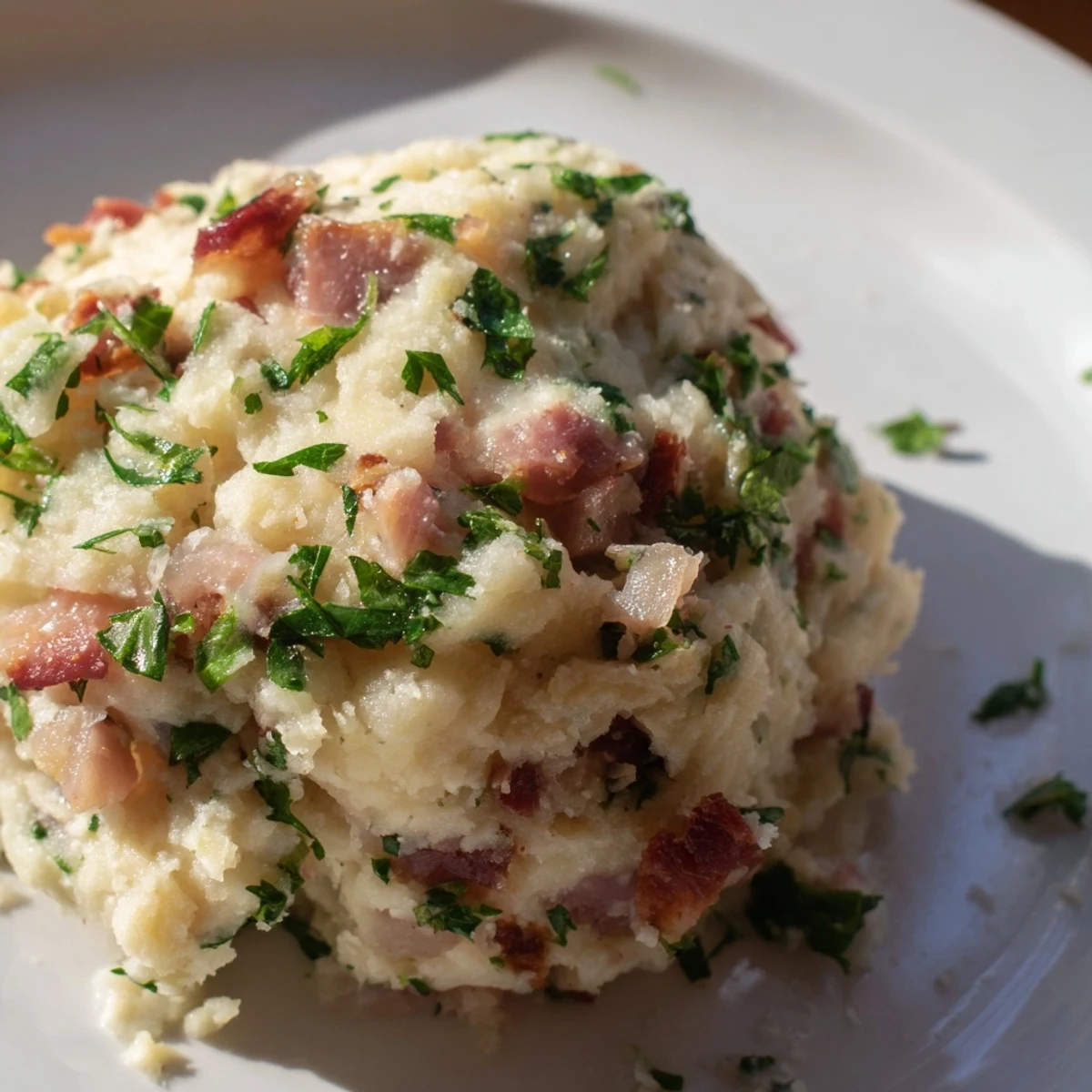 A close-up of fluffy German Bread & Bacon Dumplings, featuring crispy bacon pieces and fresh parsley.