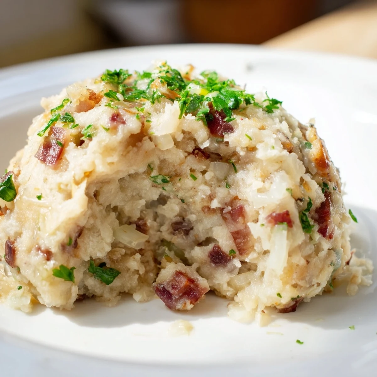 Golden-brown German Bread & Bacon Dumplings simmer in broth, ready for a warm, savory meal.