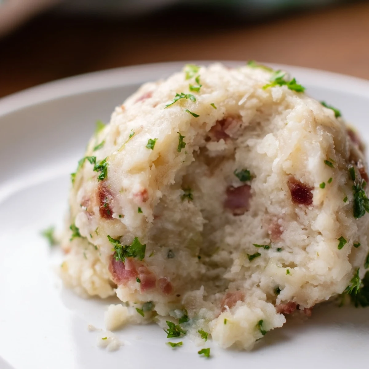 Steaming German Bread & Bacon Dumplings, a traditional German side dish perfect with roast pork.
