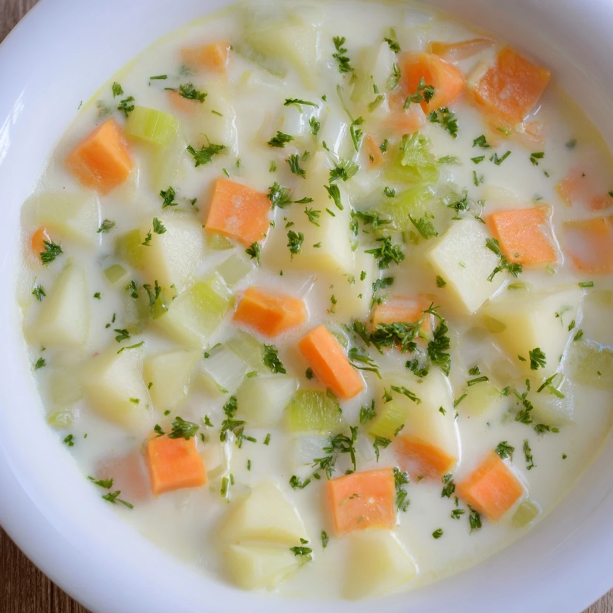 Creamy German Potato Soup, a hearty bowl with tender potatoes and fresh parsley garnish.
