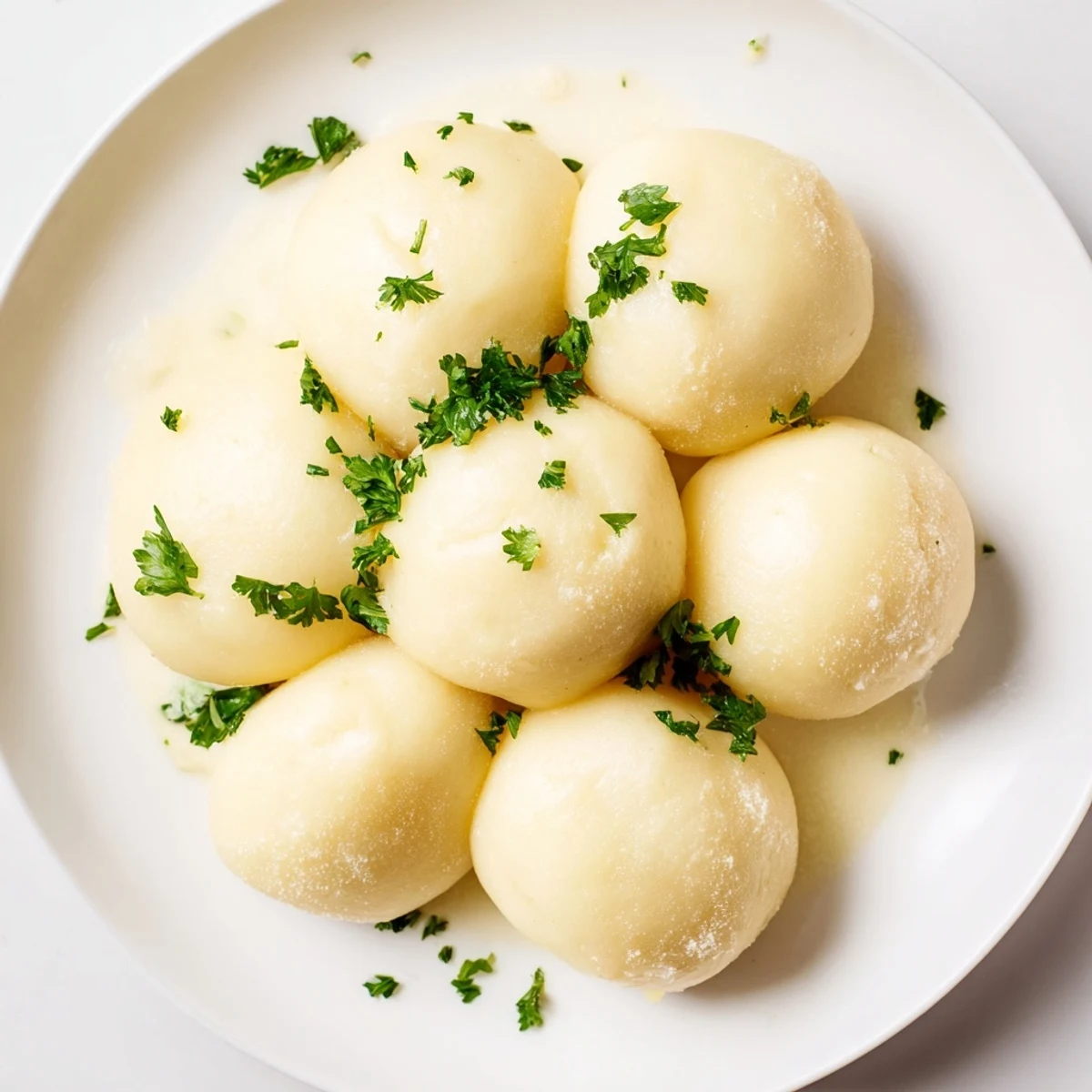 Fluffy, golden brown potato dumplings, ready to serve with savory gravy on a white plate.