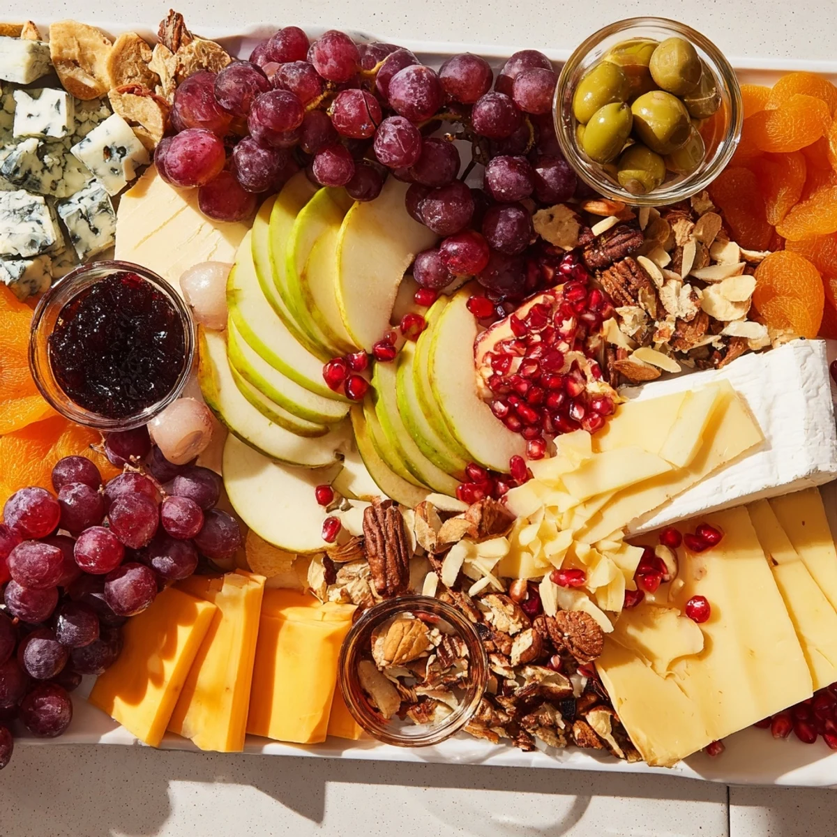 A colorful Cornucopia Harvest Board offers enticing cheeses, fruits, and meats for perfect appetizers.