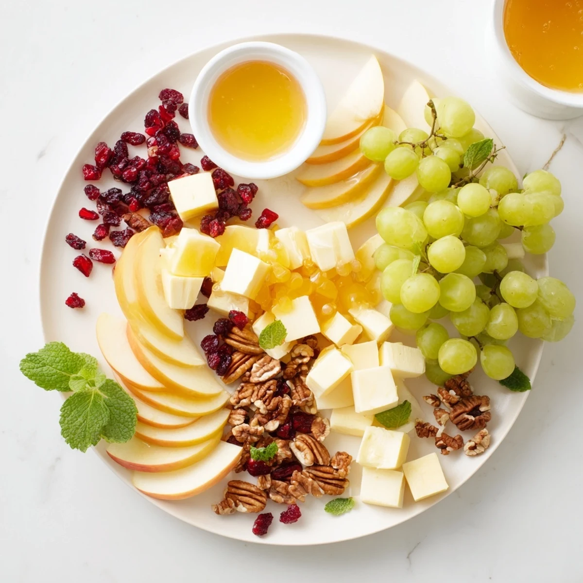A beautifully arranged Apple Orchard Fruit Board with colorful fruits, honey, and cheese for a delicious snack.
