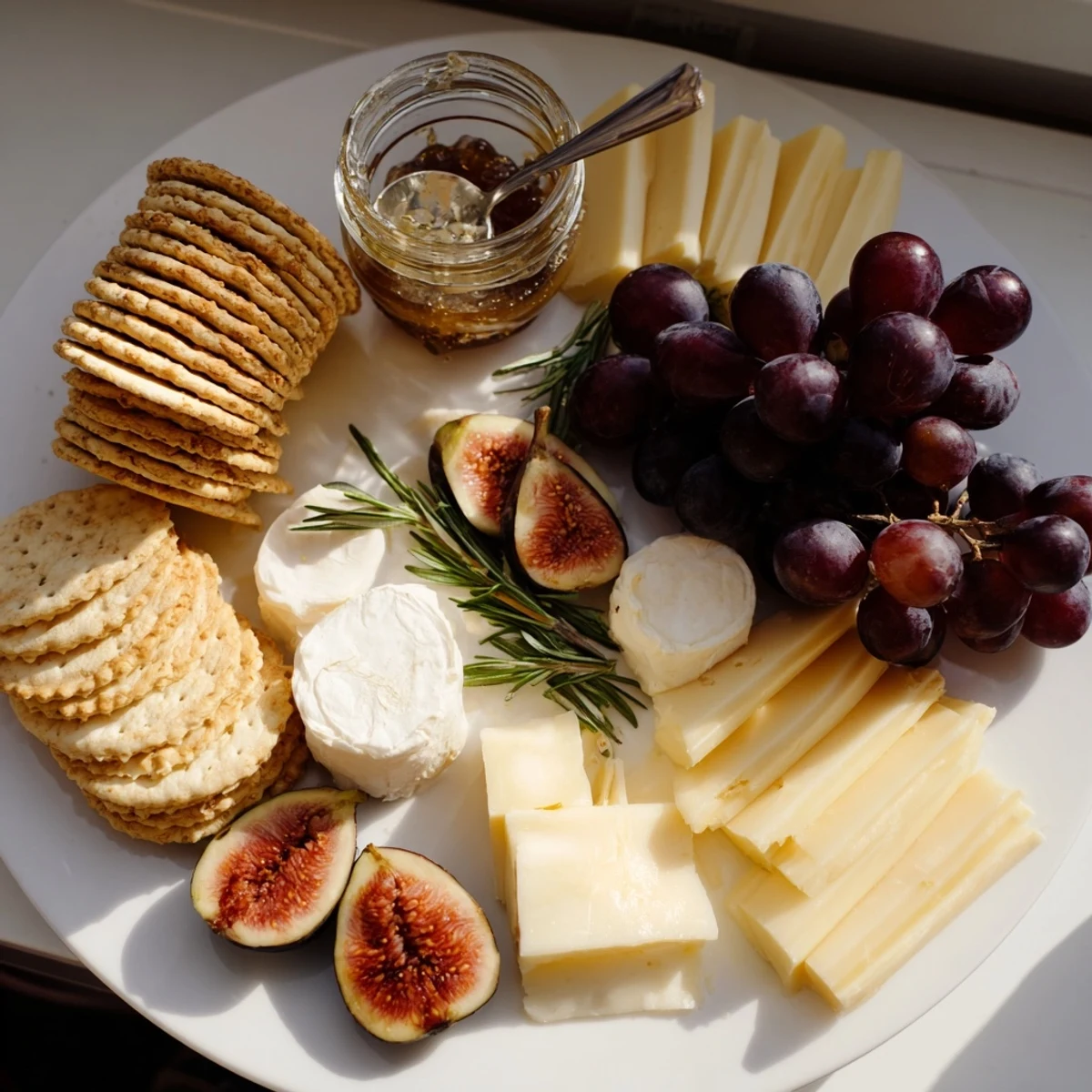 Golden Wheat Bundle Board appetizer with ripe grapes, gourmet cheeses, and fig jam, visually enticing.