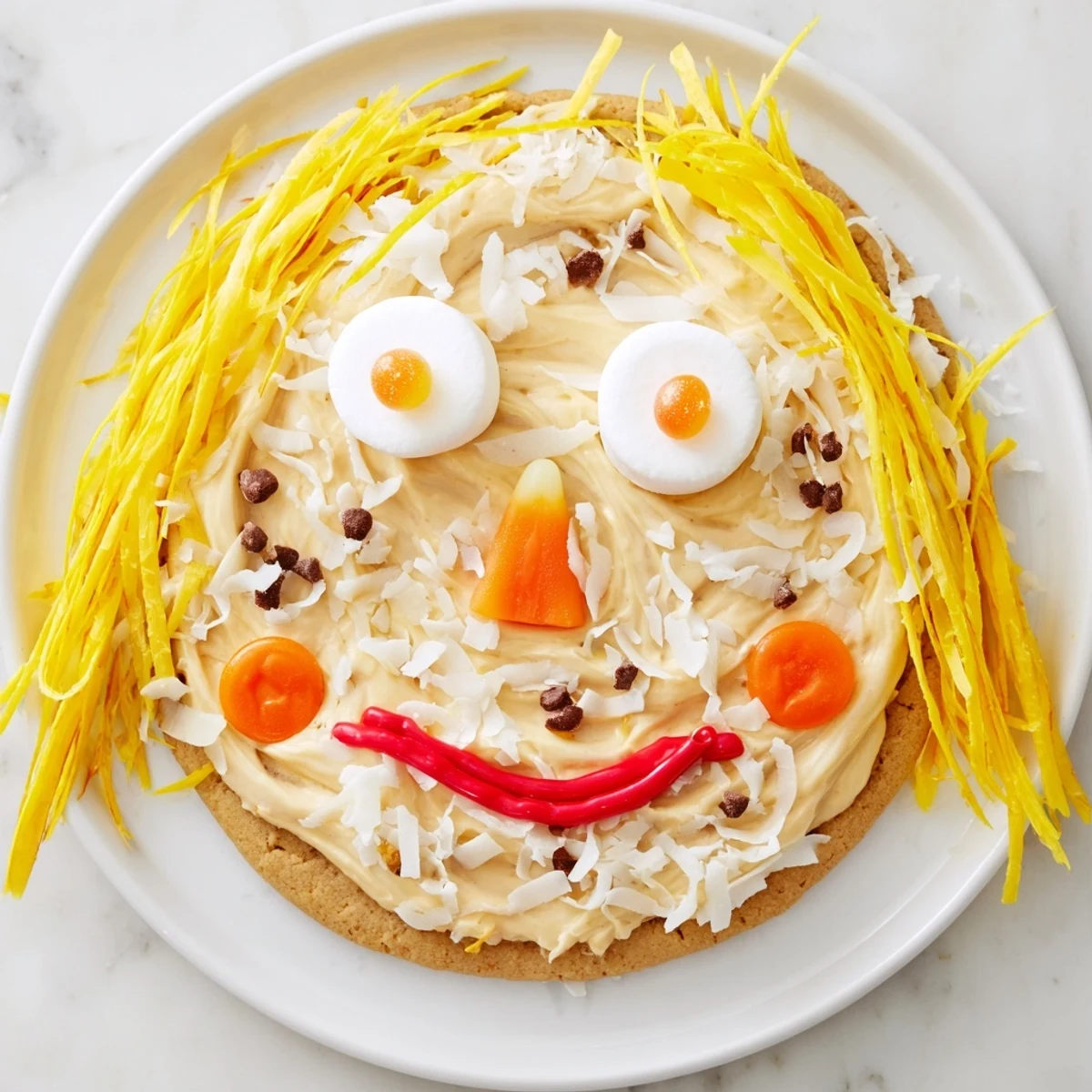 A whimsical Scarecrow Candy Platter featuring pretzels, candy corn, and colorful gummy candies.