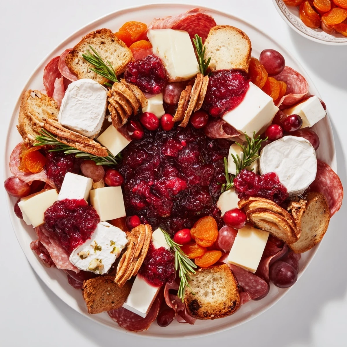 Festive Cranberry Wreath Platter with creamy Brie, cheddar, and vibrant red cranberry sauce, perfect appetizer.