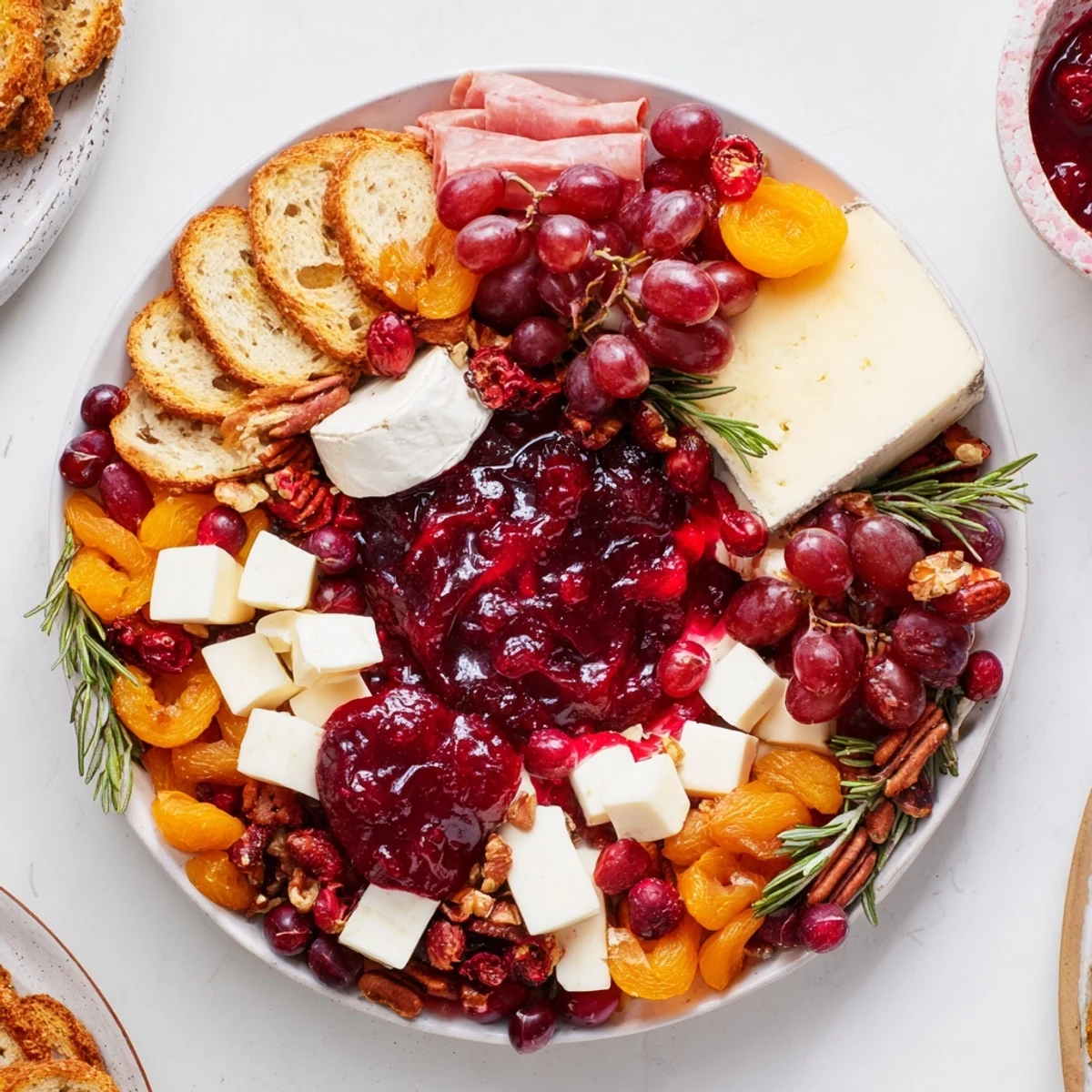 A delicious view of a Cranberry Wreath Platter with colorful fruits, nuts, and cheeses, ready to serve.