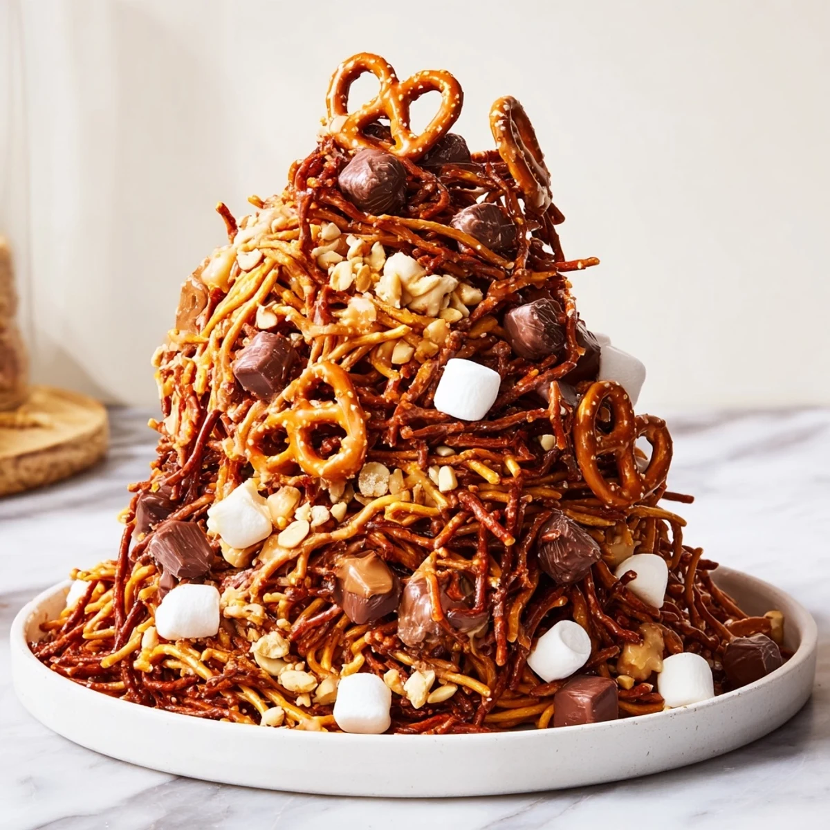 Haystack Candy Tower, a whimsical dessert stacked high with sweet and crunchy layers, perfect for sharing.