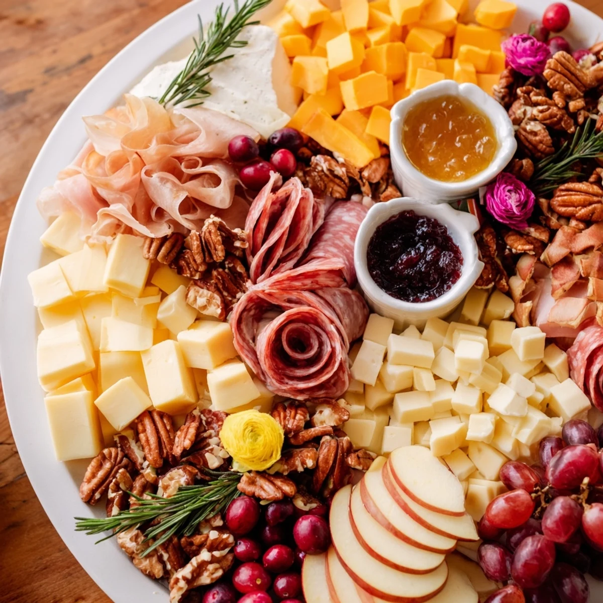 A beautifully arranged maple leaf grazing tray, showcasing cheeses, fruits, and charcuterie for autumn.