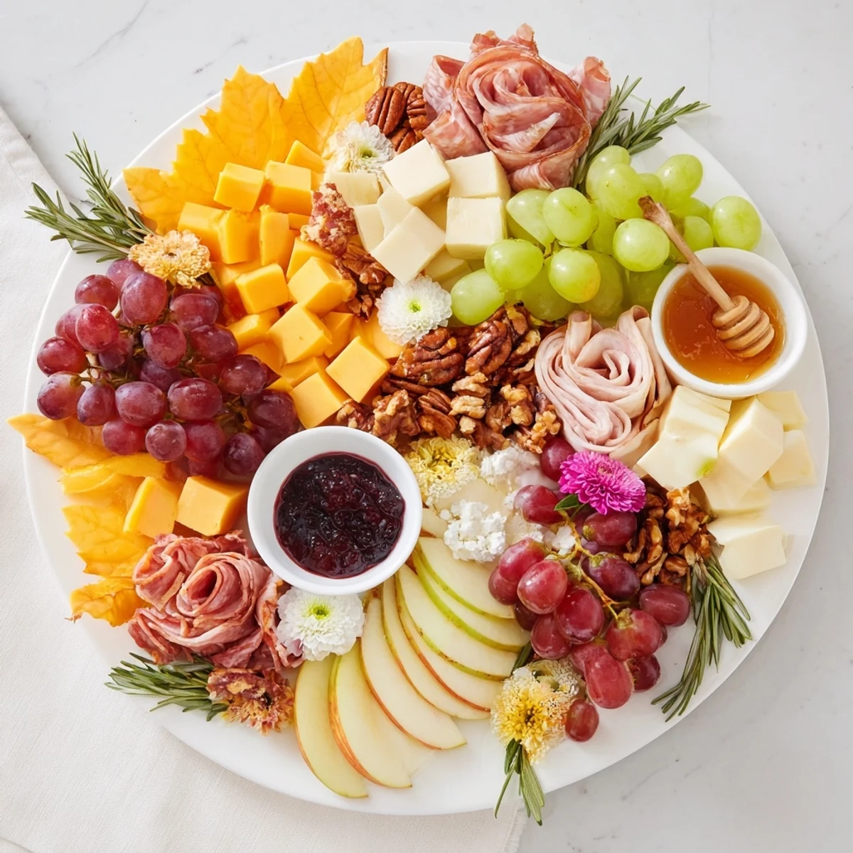 Enjoy a colorful maple leaf grazing tray, perfect for fall, featuring cheeses and tasty snacks.