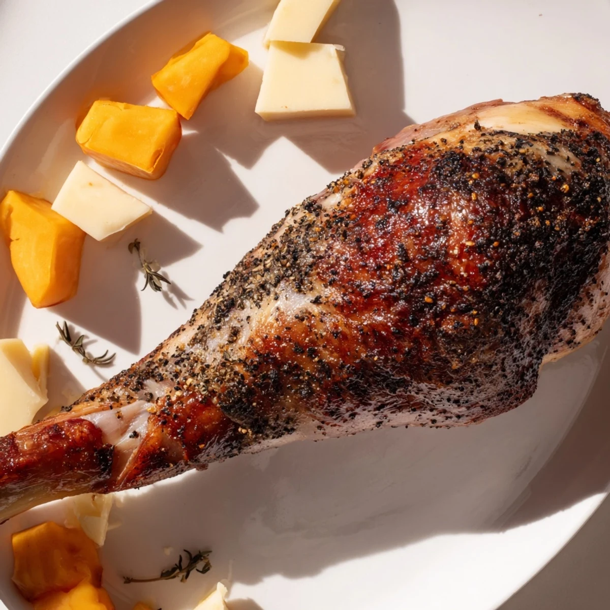 Festive Thanksgiving turkey legs charcuterie board with roasted turkey legs, cheeses, and fruits ready to serve.