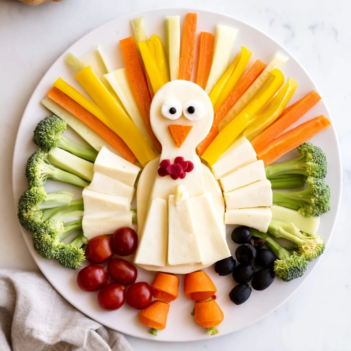 Colorful Turkey Shaped Appetizer Tray featuring fresh vegetables and creamy cheese, perfect for a party.