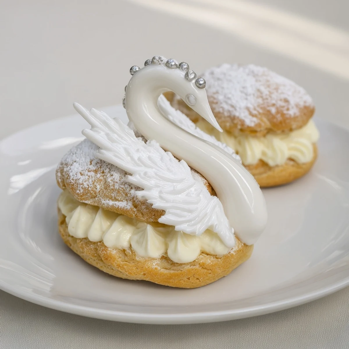 A platter of elegant swan petit fours, exquisitely glazed and ready to serve.