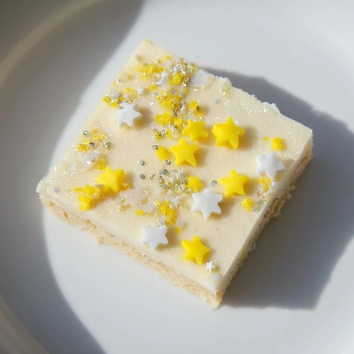 Golden and frosted Twinkle Twinkle Star Dessert Bars, scattered with shimmering, colorful star sprinkles.