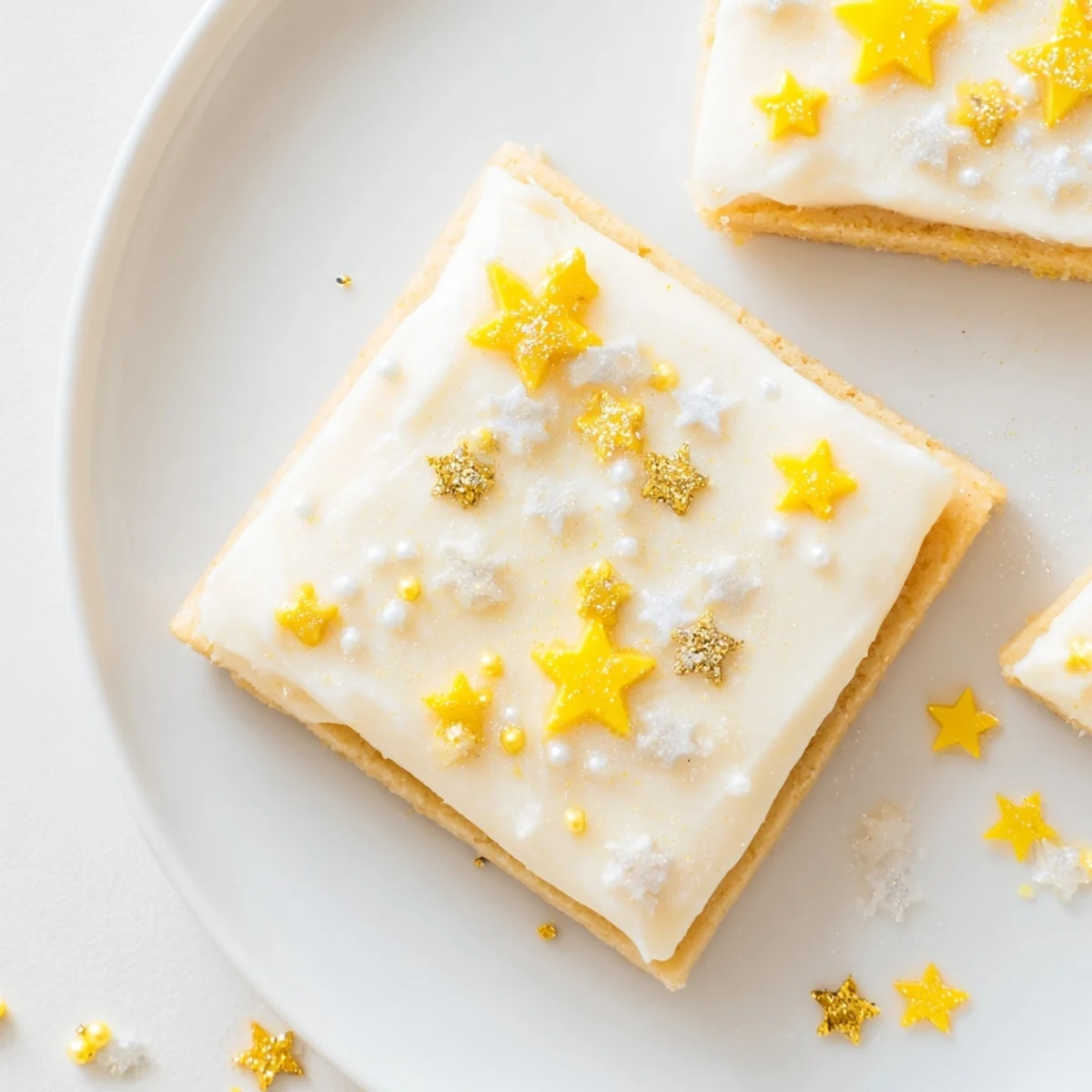 Buttery, baked Twinkle Twinkle Star Dessert Bars with creamy frosting, ready to be enjoyed for a special treat.