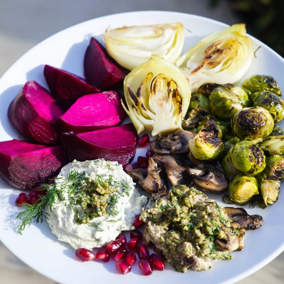 A colorful Pine Forest Winter Mezze Board, filled with roasted vegetables and festive garnishes.